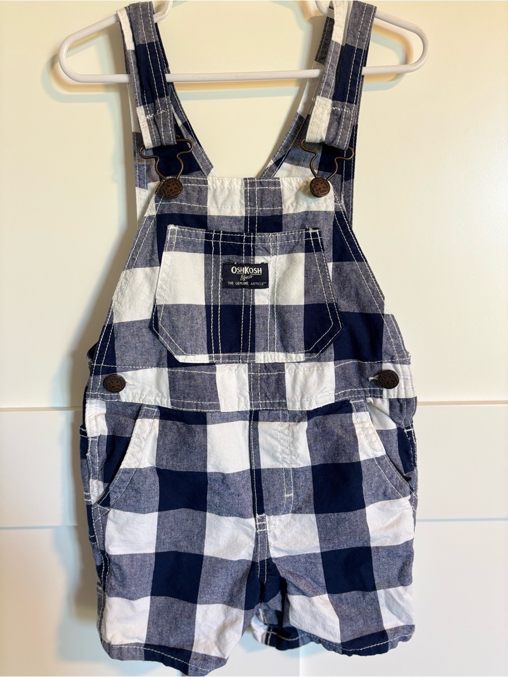 OshKosh B'gosh Navy & White Plaid Short Overalls